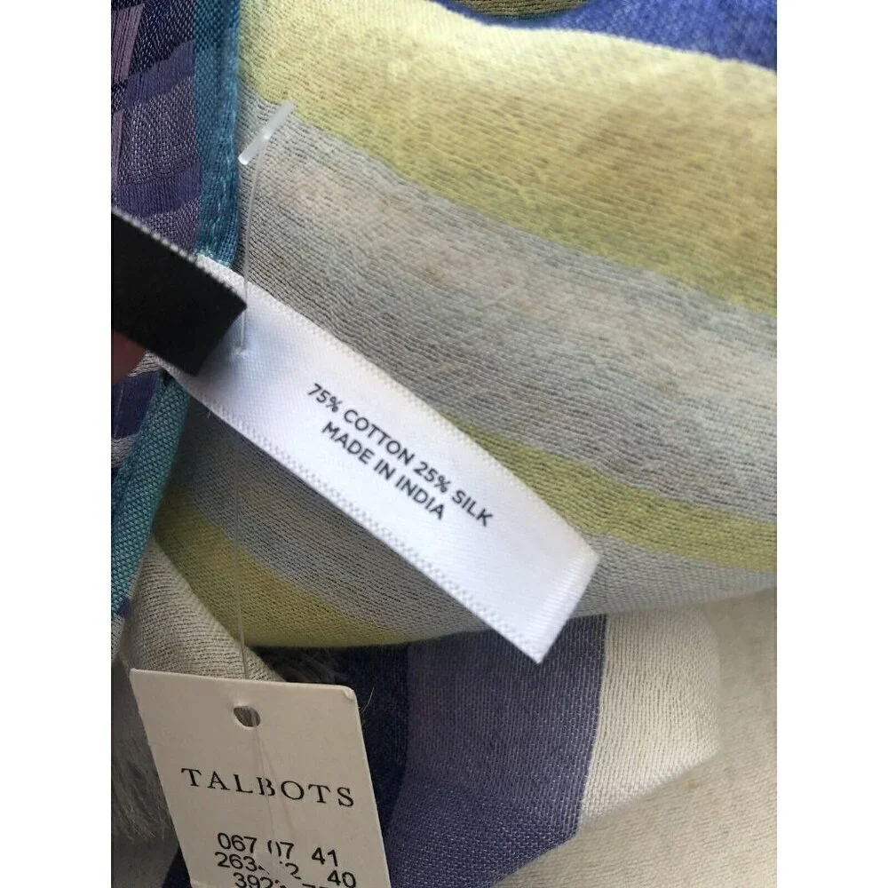 NWT Talbots Off White Scarf Purple Yellow Teal Stripes Cotton Silk